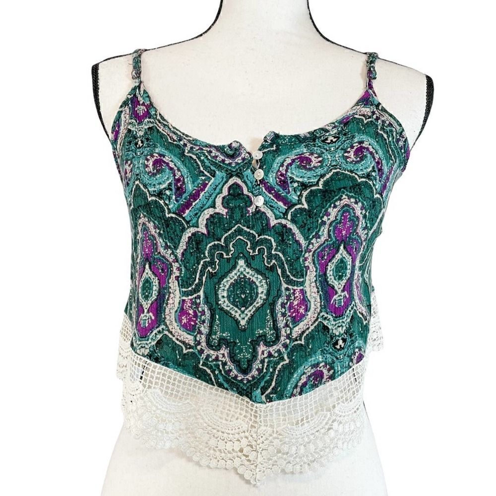 Polly & Esther Bohemian Mandala Print Crochet Crop Top